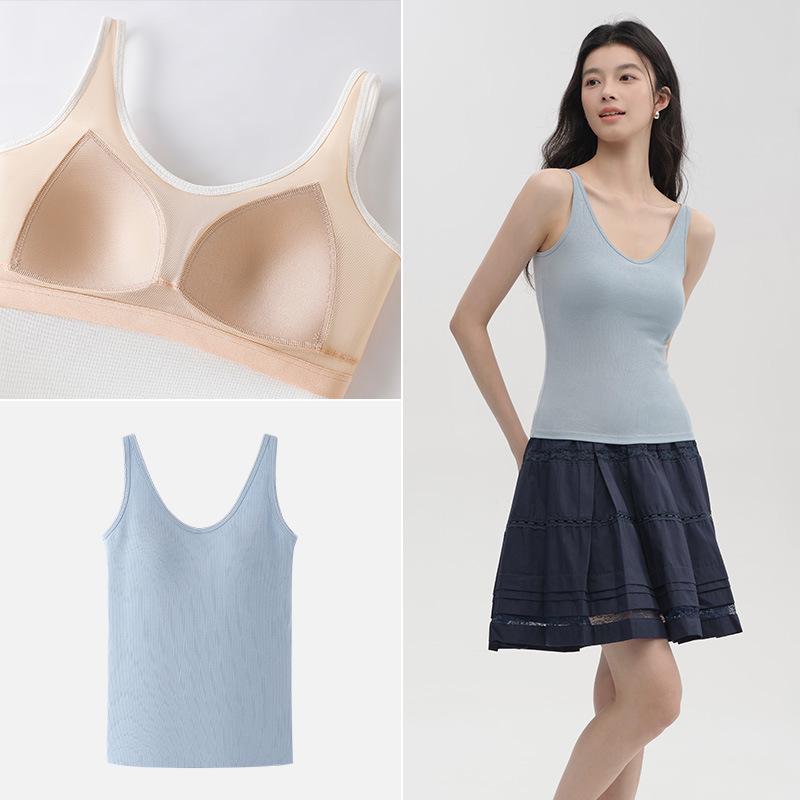 

Women s Silk Cotton Tank Top with Built-in Bra, Spaghetti Strap, Slimming, Versatile for Outerwear or Base Layer L [50-60 kg]