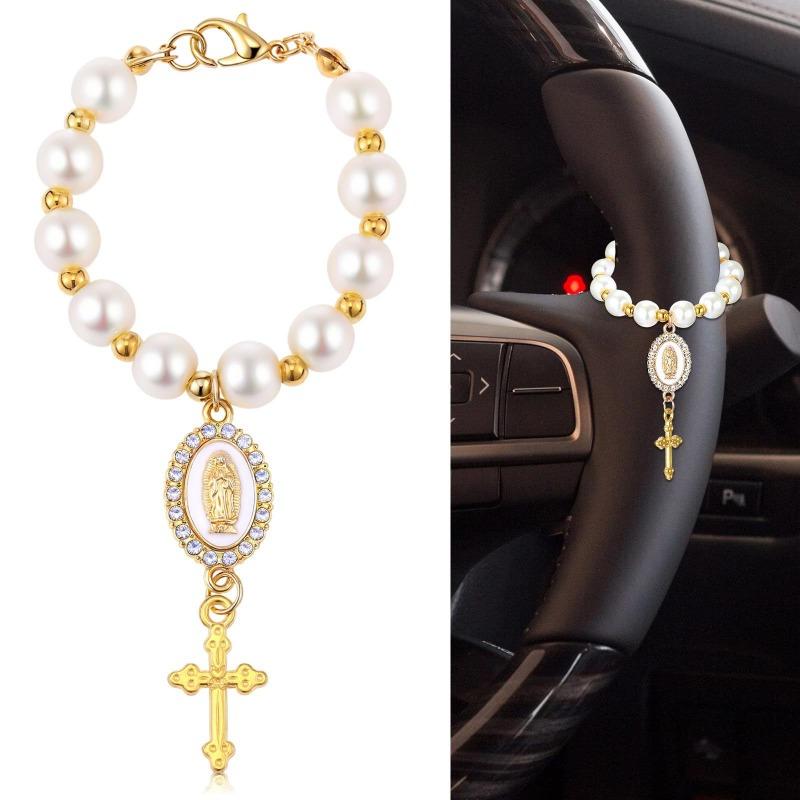 1pc Steering Wheel Decor - With Virgin Mary Pendant And Diamond Cross Steering Wheel Accessory, Multi-Color Options; Catholic Pendant, Car Accessories