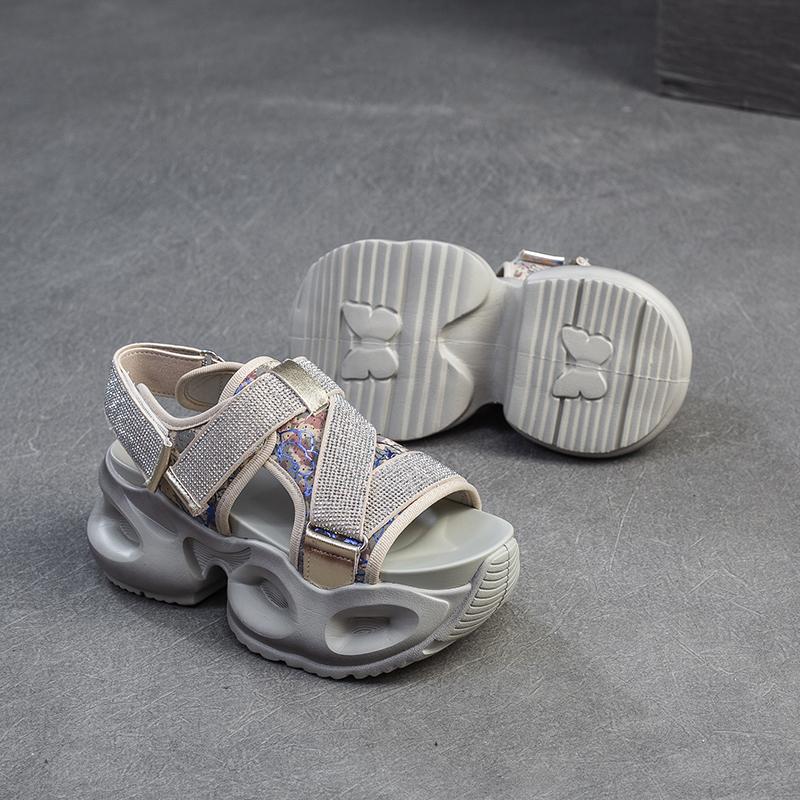 Chunky Platform Sparkle Velcro Sandals for Women Futuristic Thick Sole Summer Shoes