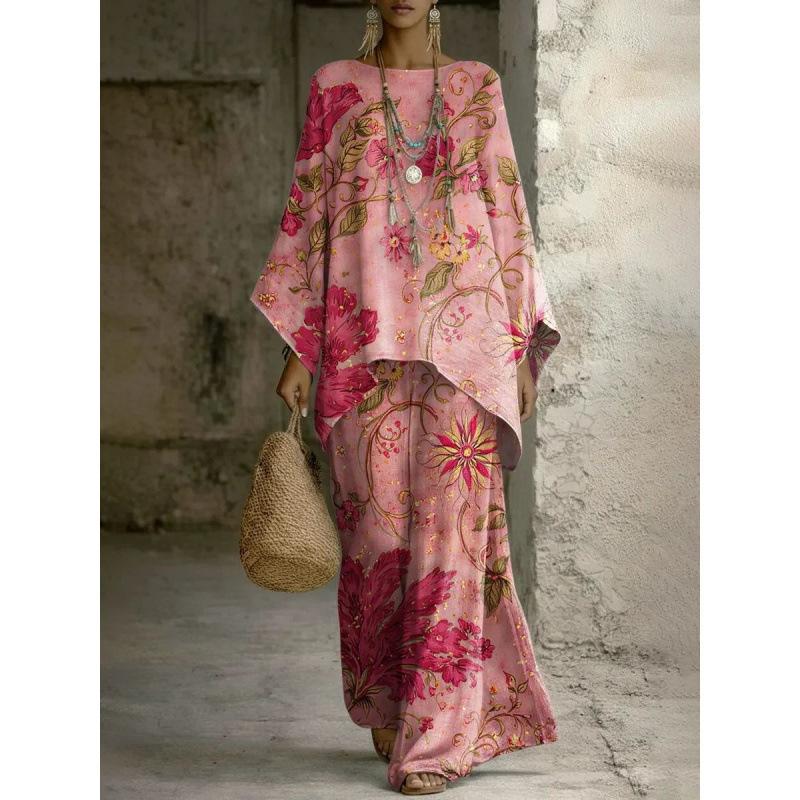European and American retro bohemian suit exotic 1D printed loose top wide-leg pants temperament casual two-piece set