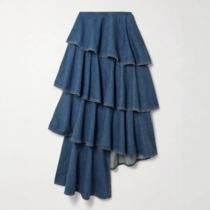 Womens Denim Two-Piece Set Loose Shirt With Raglan Sleeve Asymmetrical Hem Skirt Streetwear Fall 2025