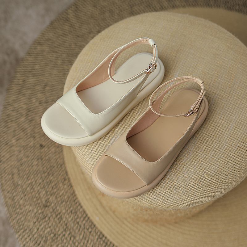 Krazing Pot Microfibră Peep Toe Tocuri joase Vară Platformă Plată Glezna Cataramă Femei Sandale de agrement