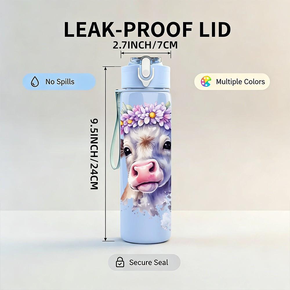 1PC Flower Cow Cute Animal Portrait 750ml Color Plastic Sports Water Bottle Leakproof Flip Straw Lid Suitable for Sports Office Home Use