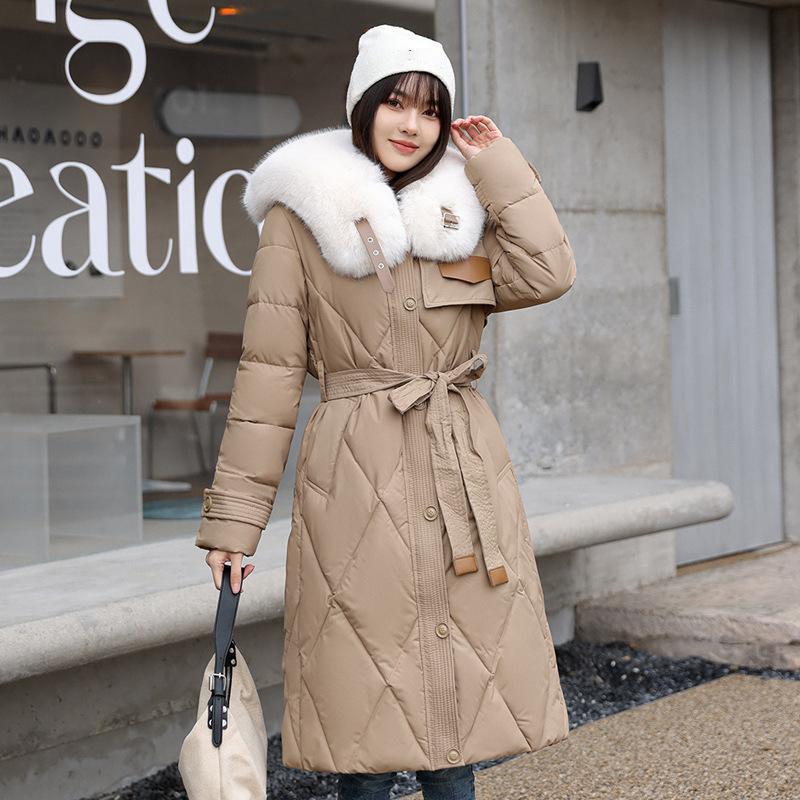 Winter Faux Fur Collar High End Knee Length Down Jacket Female Warm Long Parker Jacket Women White Duck Down Lace Up Outwears