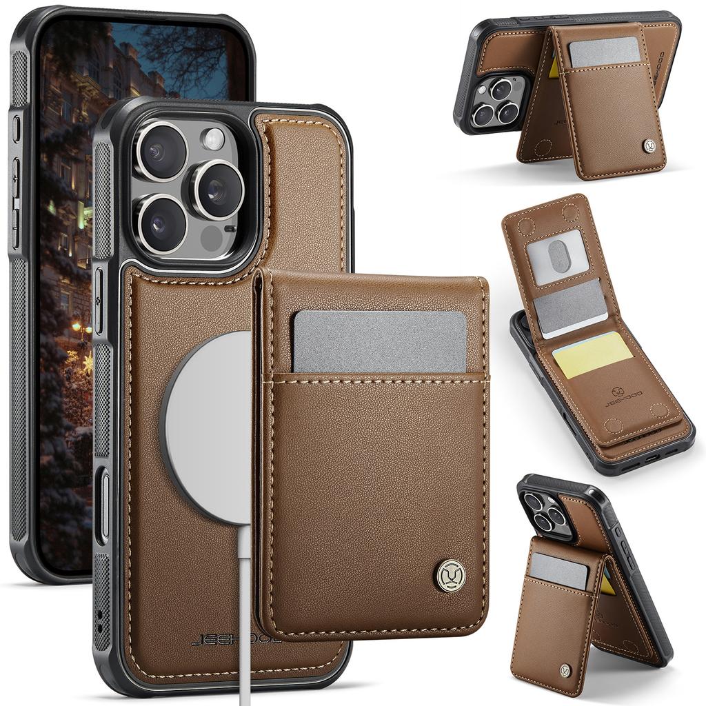 For iPhone 16 Pro Max Leather Back Cover Compatible with MagSafe JEEHOOD J06 Phone Case with Card Bag RFID Blocking