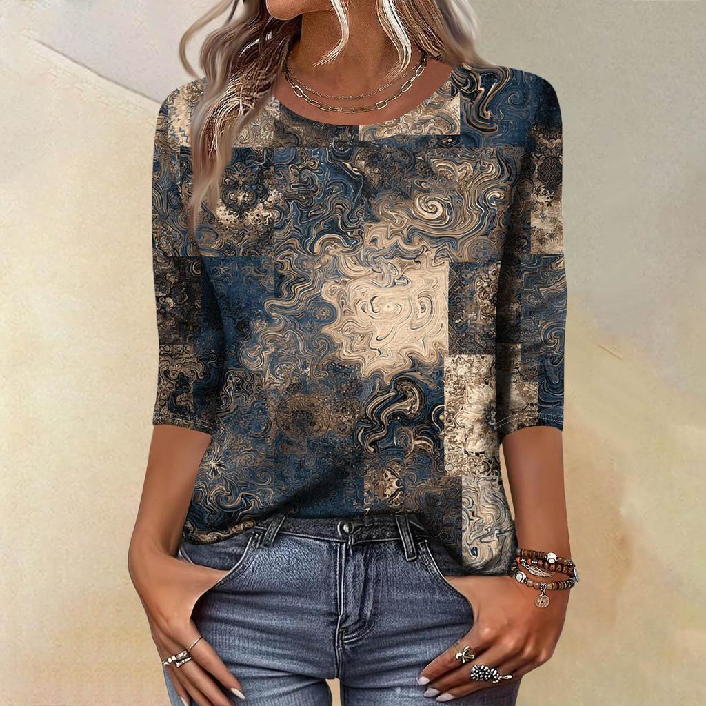 Trendy Vintage 3/4 Sleeve Top For Women,Ladies Casual Three Quarter Sleeve Round Collar Printed T-Shirt Blouse