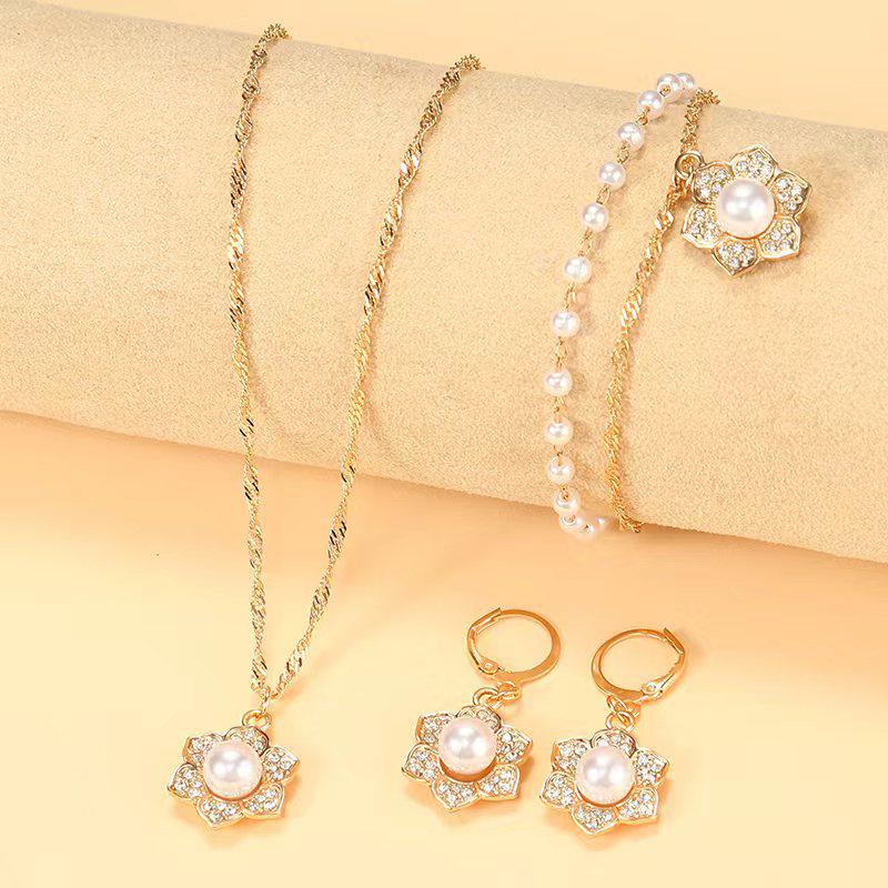 Double Layer Pearl Bracelet & Rhinestone Flower Clasp Earring Set for Women - Light Luxury Sweet Style Jewelry.