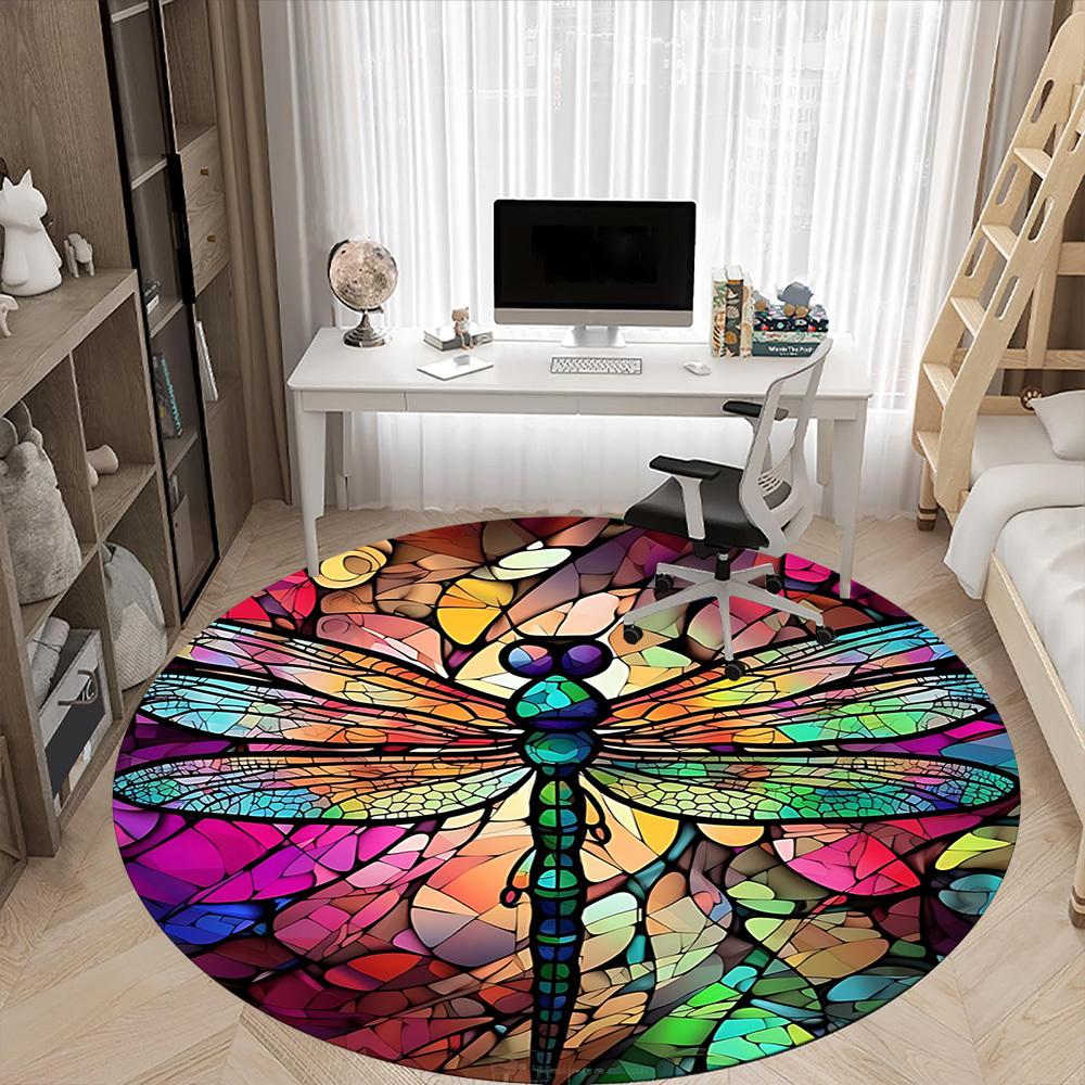1PC Stained Glass Dragonfly Office Round Area Rug, Mat Suitable ForOffice, Under Office Chairs Bedroom Living Room Home Decor, Room Deco