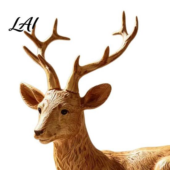 Exquisite Resin Carvings Reindeer Figurine Faux Wood Grain Christmas Deer Statue Retro Home Decor Vintage Tabletop Ornament for Window Display