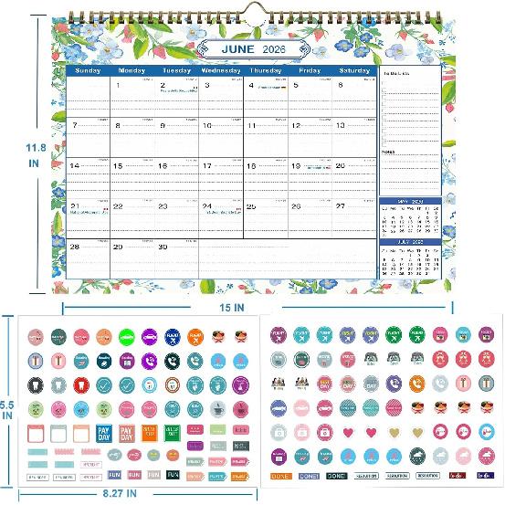 2026 Wall Calendar 12 Month - 15”*11.8” Large Wall Calendar 2026 with Stickers Thick Paper Hanging Calendars for Family Home Office School Flower