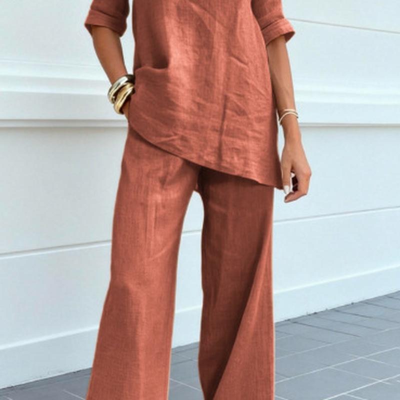 Completi da Donna in Lino a 2 Pezzi Manica 3/4 Scollo a V Pantaloni a Gamba Larga Abiti da Spiaggia Viaggio