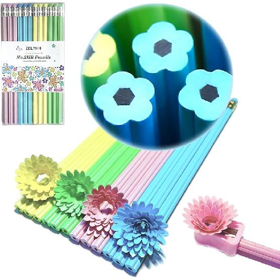 Funny Triangle Pencils #2 Green HB Triangular Pencils with Erasers - 12 Pack for Kids Birthday & School Flower Pencils