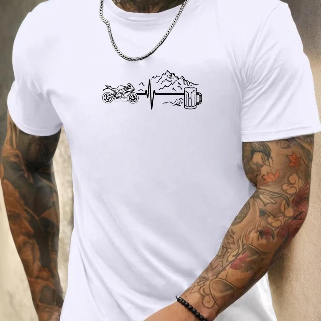 Men's Motorcycle Beer Heartbeat Graphic T-Shirt Short Sleeve Round Neck Tee with Mountain Design Men Clothing