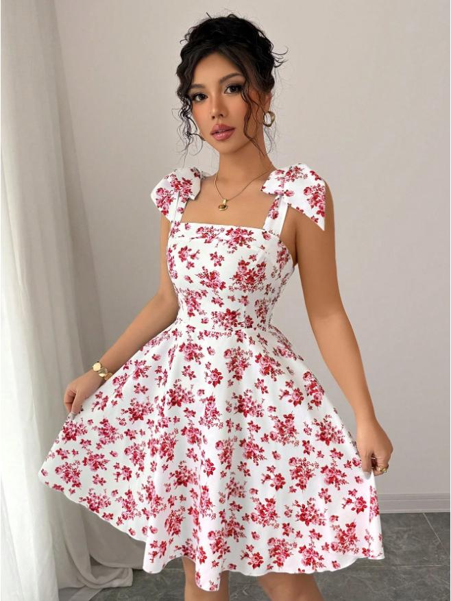2025 Floral Print High Waist A-line Dress
