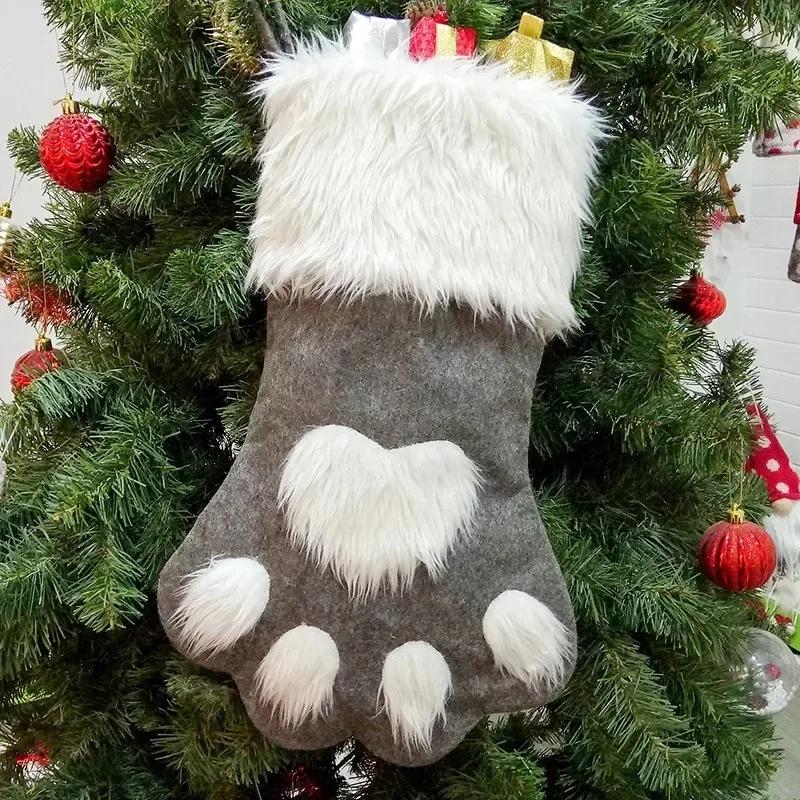 Christmas Tree Hanging Stockings Dog Paw Design Plush Long Hair Xmas Stocking Holiday Gift Bag Decoration Party Ornament