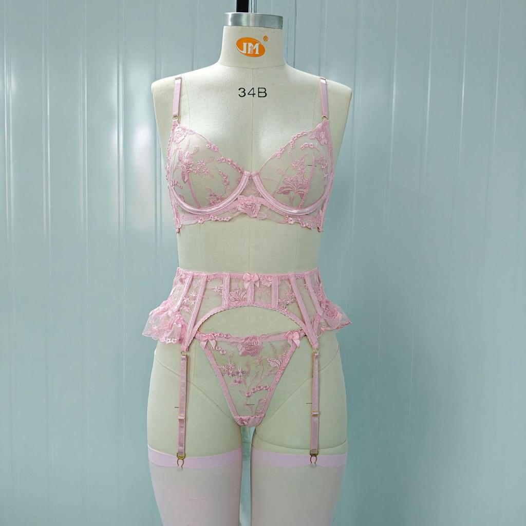 European Pink Floral Embroidered Garter & Bow Bra Set
