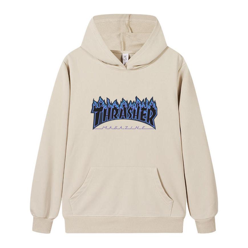W02-5 Moletom com Capuz Unissex Thrasher Estampa de Chama Masculino Casual Solto Manga Longa Streetwear Pulôver