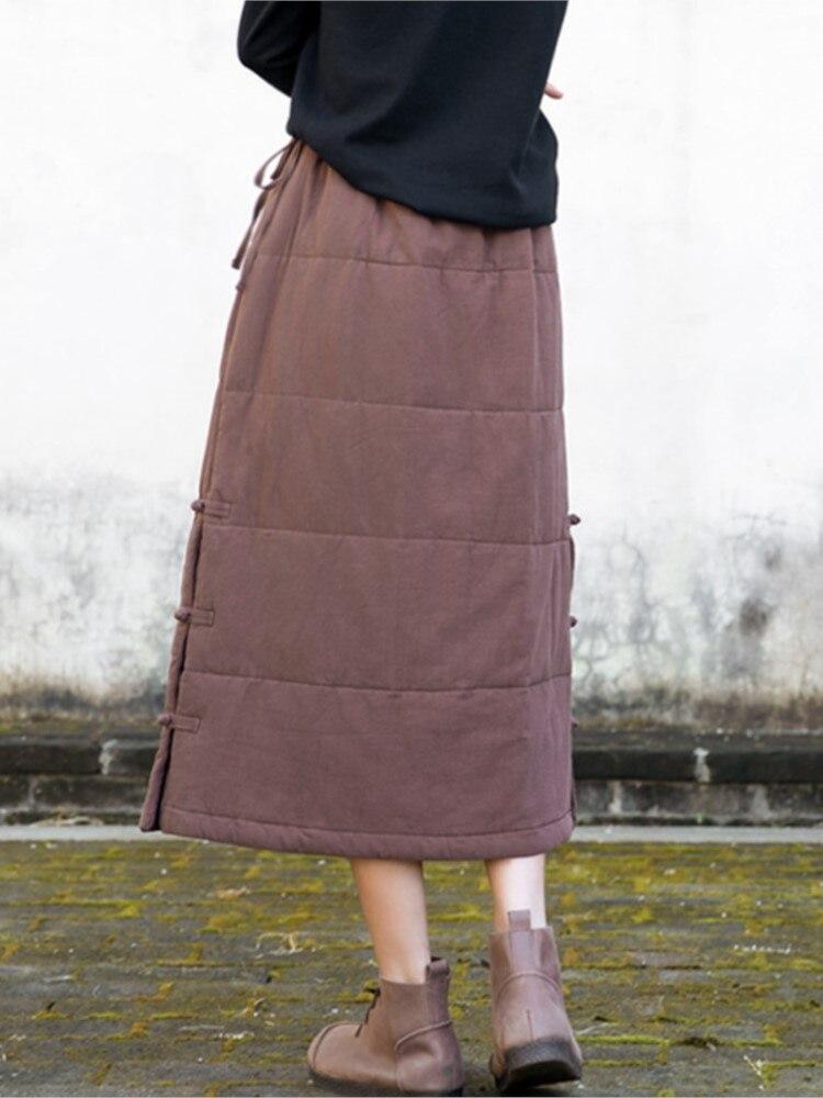 Johnature Frauen Vintage Baumwolle Leinen Röcke Elastische Taille Einfarbig Kleidung Herbst Winter Plus Baumwolle Taste Warme Röcke