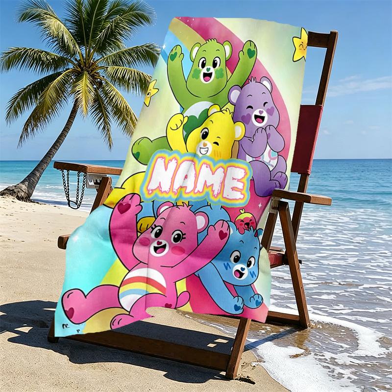 Custom Name Personalized Care Bears Print Beach Towel, for Trip Camping Beach Party Home Decor, Birthday Gift for Family & Friends