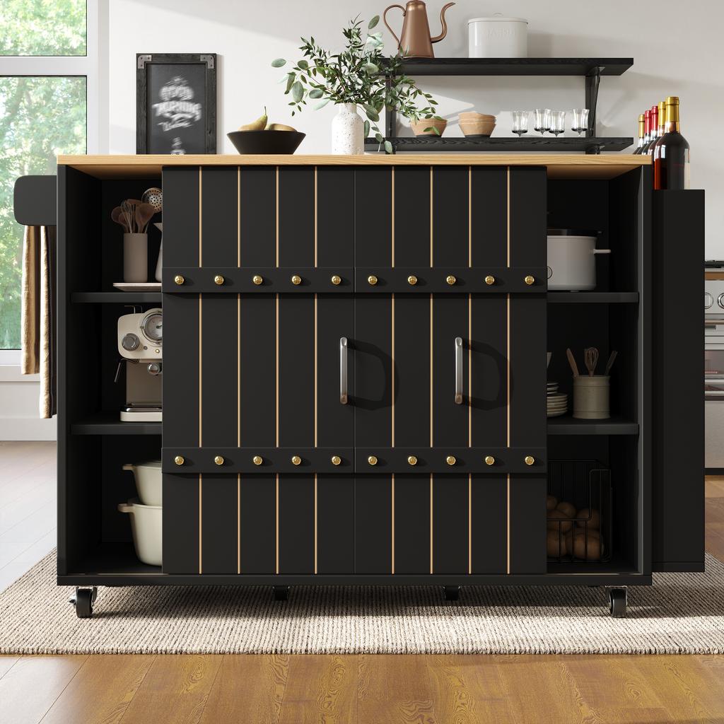 Mobile da Cucina, Carrello da Portata, Carrello da Cucina con Ruote, Piano di Lavoro, Portaspezie e Portasciugamani, Isola da Cucina con Ante Scorrevoli e Cassetti, Nero