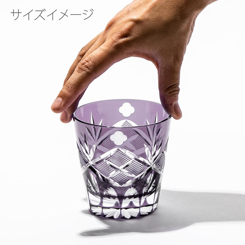 Taiburo Edo Kiriko Glass with Genroku Crest and Open Top Wooden Made In Japan [Official Workshop] Four-Leaf (Edo Purple) TB90625-4M, Box,