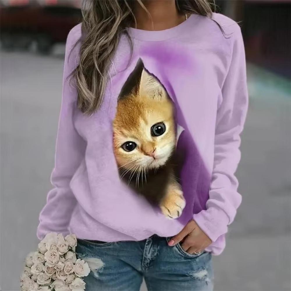 Large-sized Kawaii Cat Women's T-shirt, 3D Printed, Casual Long Sleeve T-shirt, Harajuku Sweater, Women's Wear,  T-Shirt