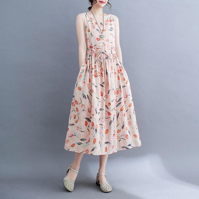 Abiti Estivi Vintage Stampati da Donna Senza Maniche Moda Ampi Vacanza Spiaggia Abito Sottile Eleganti Vestidos Robe Femme