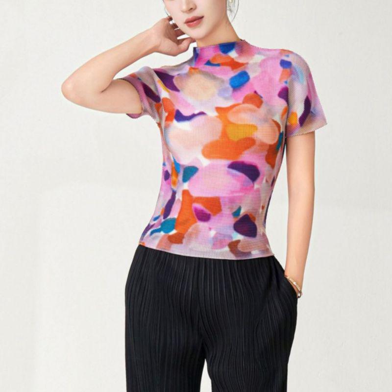 Miyake Stil Plissee Druck Slim Fit Kurzarm Damen Sommer T-Shirt