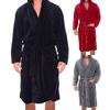 Solid Color Belt Flannel Bath Robe Hooded Pockets Warm Men Nightgown Home Clothes