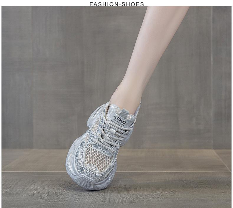 Women's Summer Rhinestone Mesh Dad Shoes - Thick-Soled, Breathable, Casual Sports, Size 34 Platform
