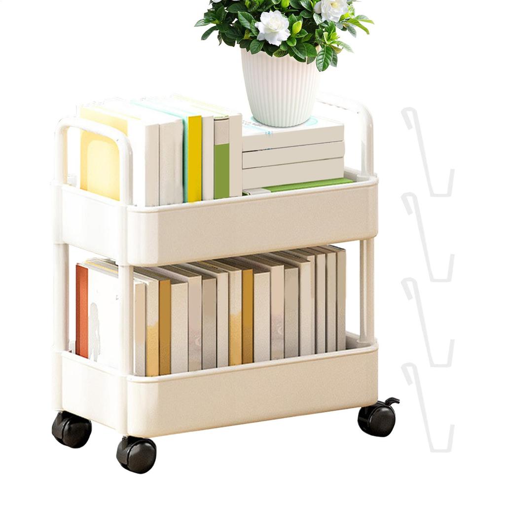 2-Tier Movable Bookshelf Cart with Wheels Multi-Purpose Storage Rack for Books Toys Snacks Household Mobile Organizer