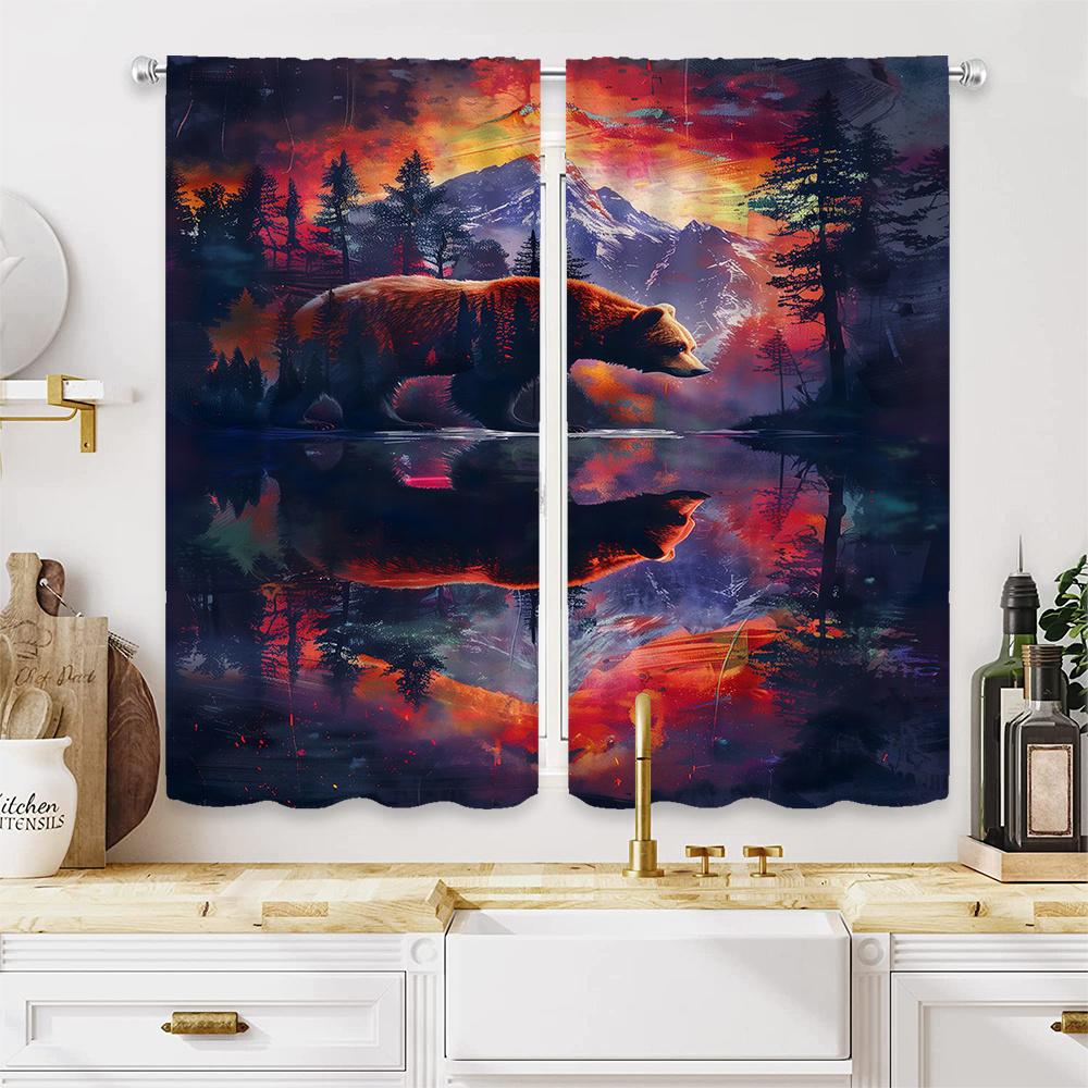 2pcs Brown Bear & Mountain Landscape Curtain Panels - Thermal Insulating Semi-Opaque Window Drapes with Rod Pocket, Heavyweight