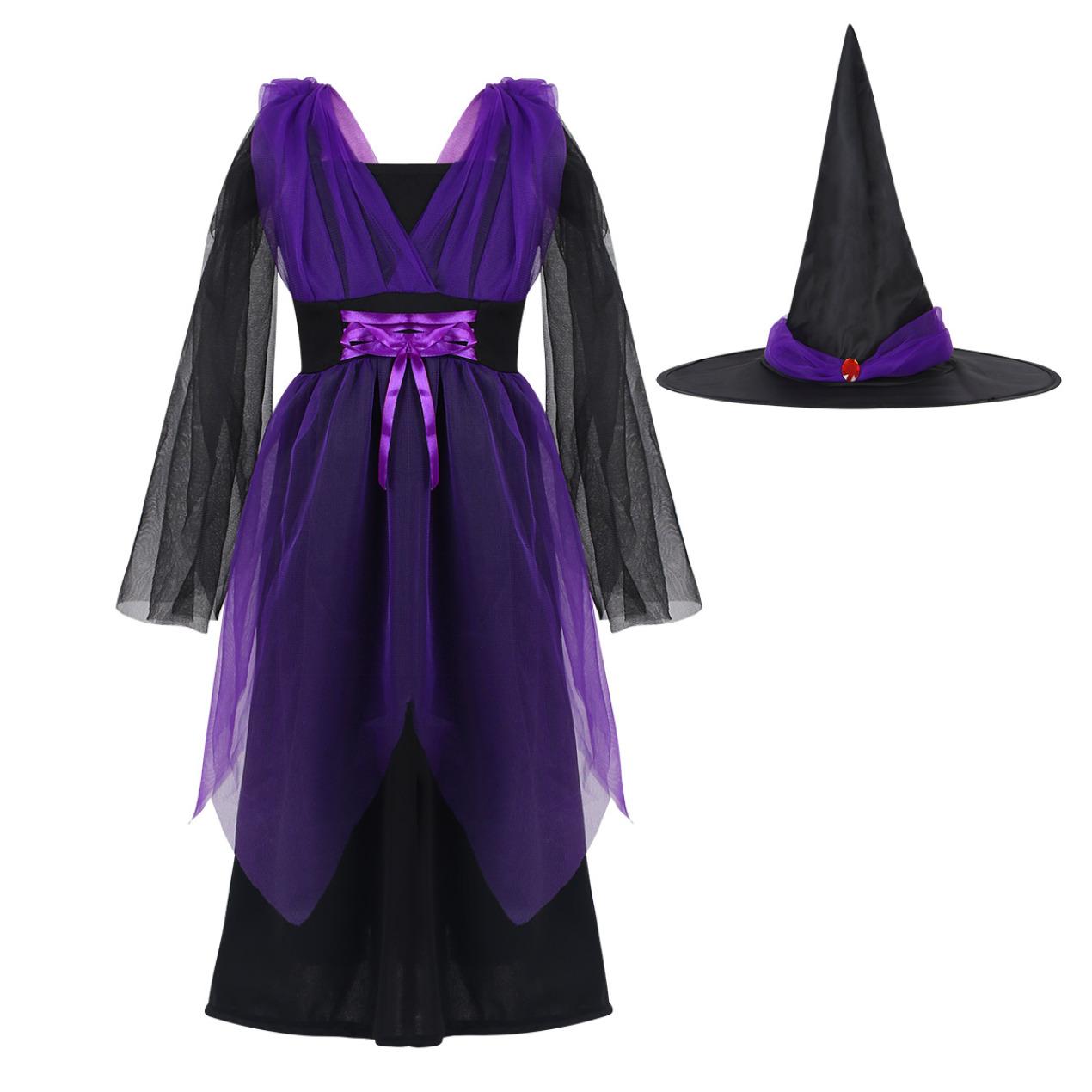 

Children Witch Costume Kids Girls Carnival Theme Party Clothes Cosplay Dress With Hat Halloween Fancy Dress Up 3-4 Years фиолетовый
