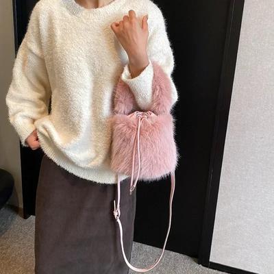 Bolsas de balde de pele sintética da moda de cor sólida para mulheres, bolsas femininas de pelúcia macias e doces, de ombro, simples, de inverno