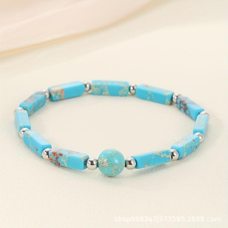 Mixed Natural Stone Beaded Bracelet Set – Rectangle Round Bead Boho Jewelry, Colorful Healing Gift for Women