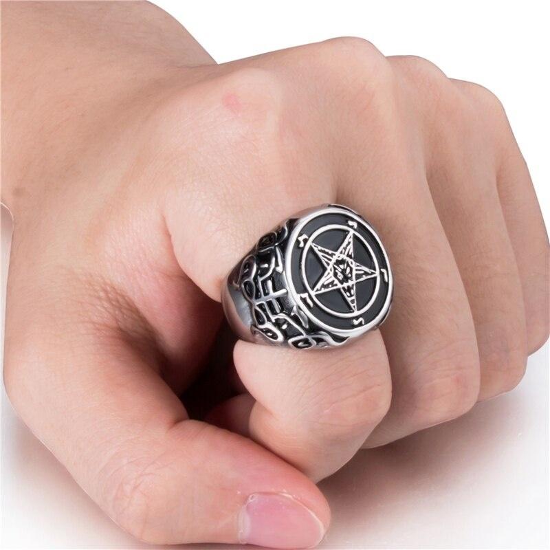 New Man Ring Pentagram Baphomet Goat Sulfur Leviathan Cross Satan Devil Symbol Ring Jewelry