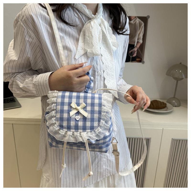 1Pcs Large Capacity Bow Shoulder Bag Multi Functional Korean Style Lace Plaid Backpack Travel Canvas Backpack Book Bag