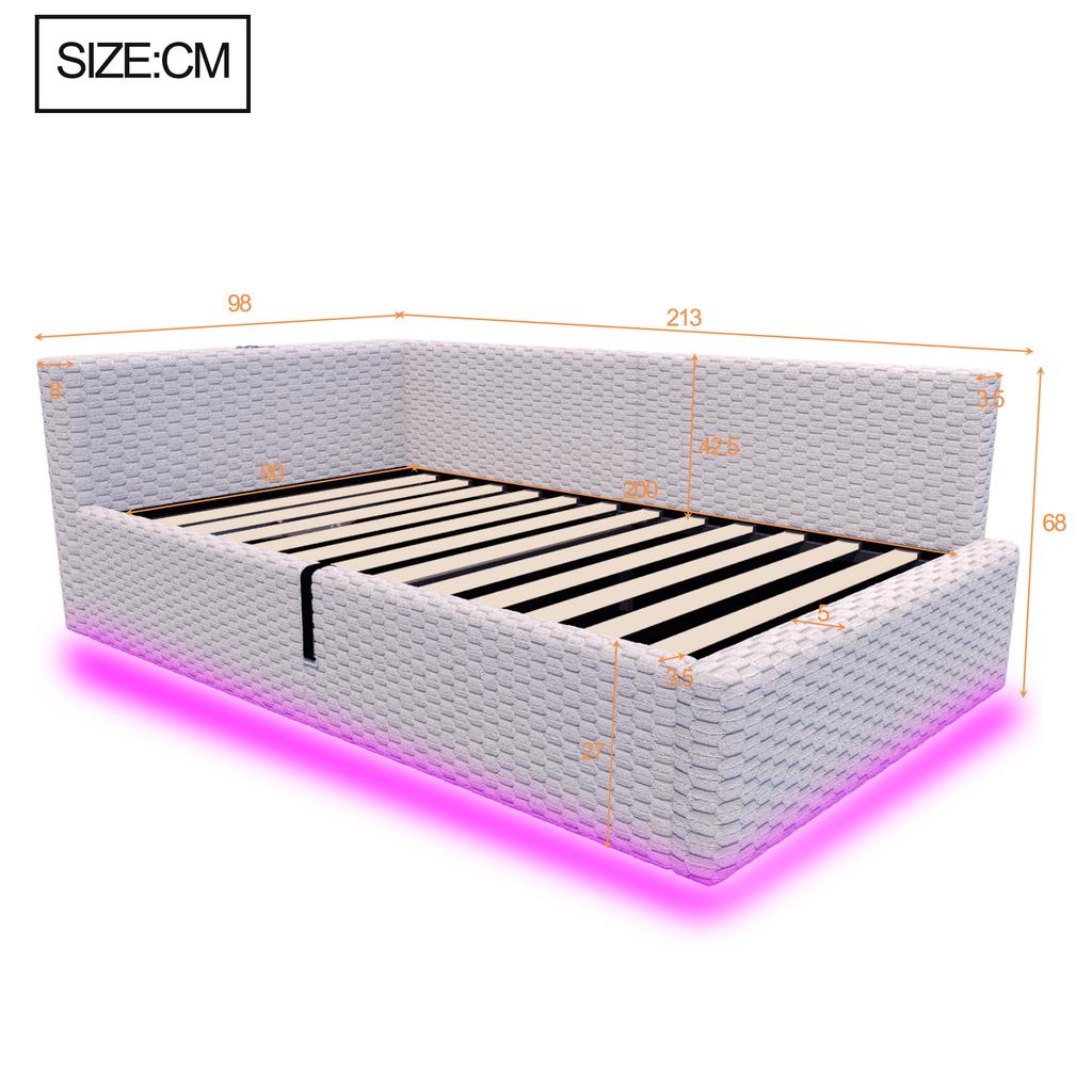 Upholstered Bed 90 X 200 Cm, with LED Lighting, Type-C and Two USB Ports, L-Shaped Backrest, Velvet, Hydraulic Bed Frame, Grey (Mattress Not Included)