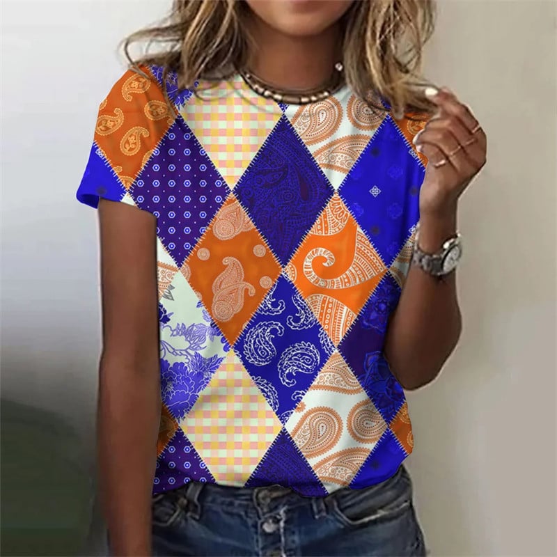 Stripe grid retro pattern 3D printed T-shirt for women's round neck T-shirt