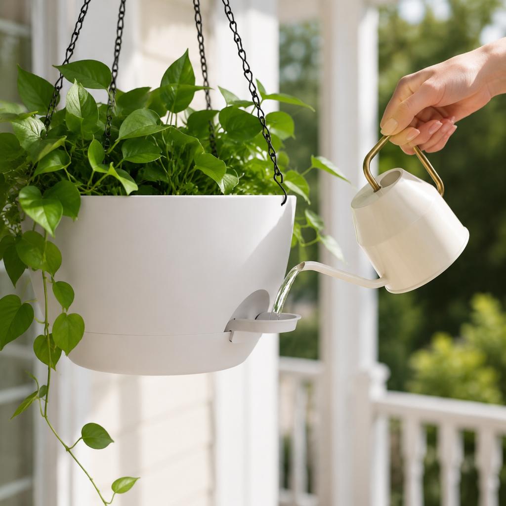 Self-Watering Hanging Planter with Plastic Construction and Chain Suspension Suitable for Indoor and Outdoor Use with Water Reservoir System