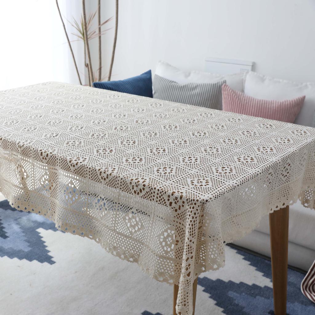 Vintage Crochet Lace Tablecloth, Pastoral Hollowed-Out Tassel Design, Polyester Rectangular Table Cover, Christmas Wedding Banquet Decor