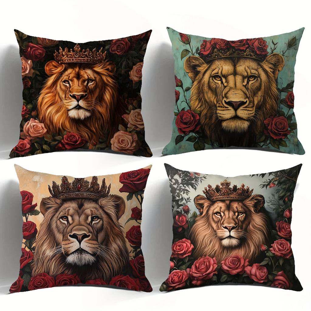 4Pcs Retro Floral Lion Theme Digital Printing Pillow Cover Short Plush Suitable Living Rooms Bedrooms Sofas Throw Cushion Cover