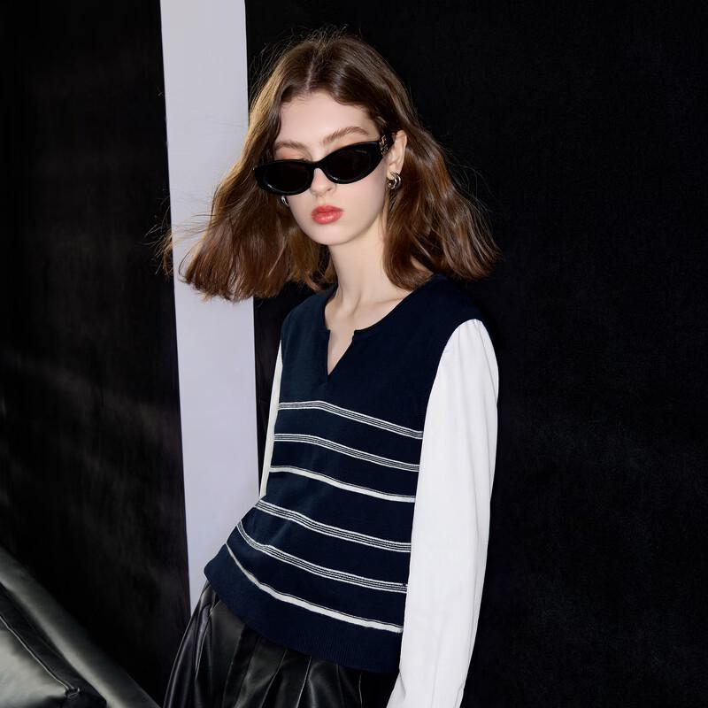 Women's Faux Two-Piece Striped Knit Pullover