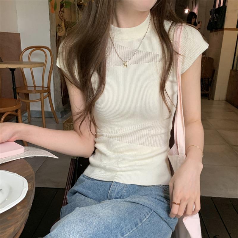 

2026 Summer Knitted Short Sleeve Slim Fit Women s T-shirt New Mock Neck Fashion Casual Sweet Solid Color Hollow Elegant Top Casual Knitwear One size абрикосовий