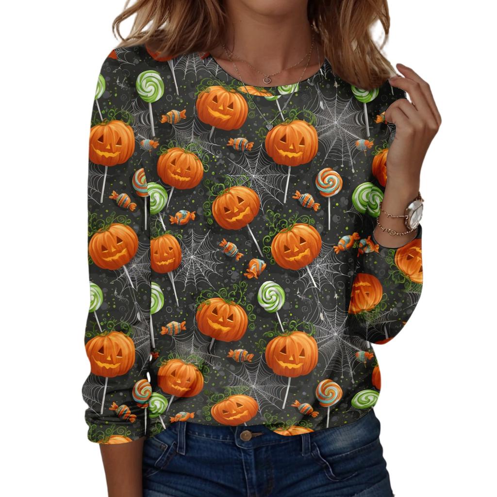 Women's Casual Long Sleeve Pullover Sweatshirt Halloween Pumpkin Print Round Neck Top Lightweight Comfortable Fit