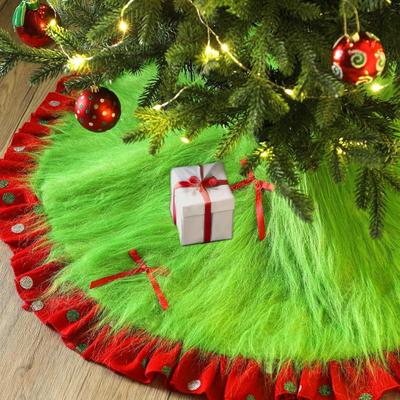 1pcs/set Red Green Flocked Christmas Tree Skirt Polyester Xmas Tree Base Decor with Anti-Slip Bottom Machine Washable