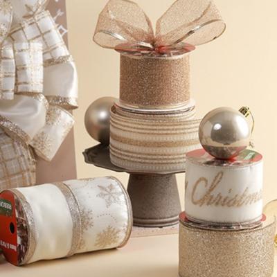 10 Yards Christmas Ribbons Imitation Hemp Material Champagne Gold Weave Ribbon Wired Edge Christmas Gift Packaging