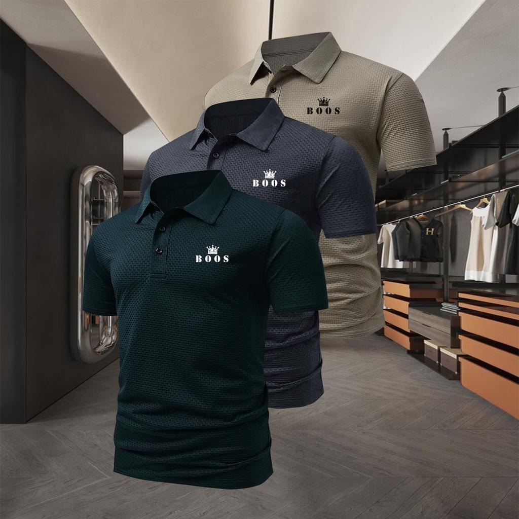Men's Business-Casual 3pcs Set- Polo Shirt with Double-Button Collar, Moisture-Wicking, Suitable for Outdoor Activities, Golf, and Everyday Wear