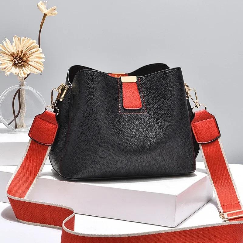 Summer ladies simple casual bucket bag new fashion single shoulder wide strap crossbody large capacity