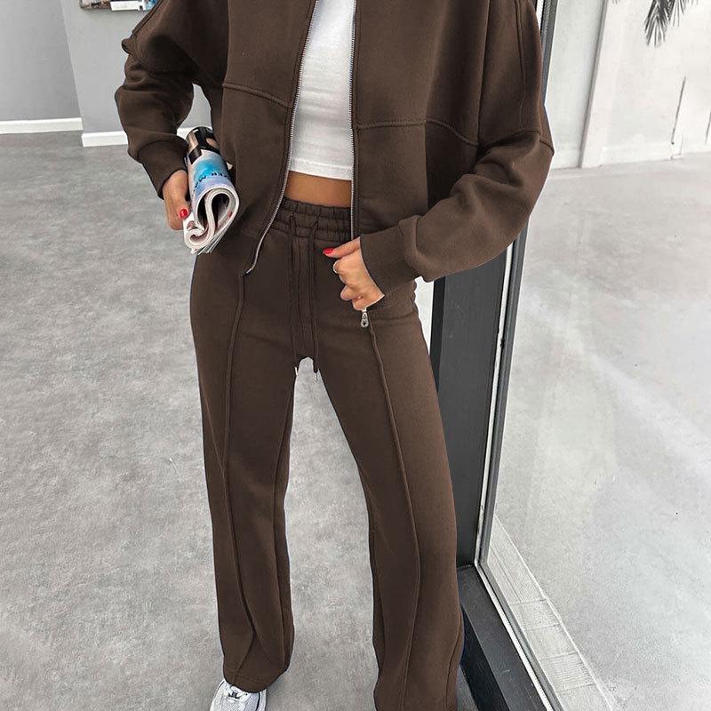 Autumn/Winter Women's Fleece-Lined Zipper Cardigan & Solid Color Straight-Leg Pants Set
